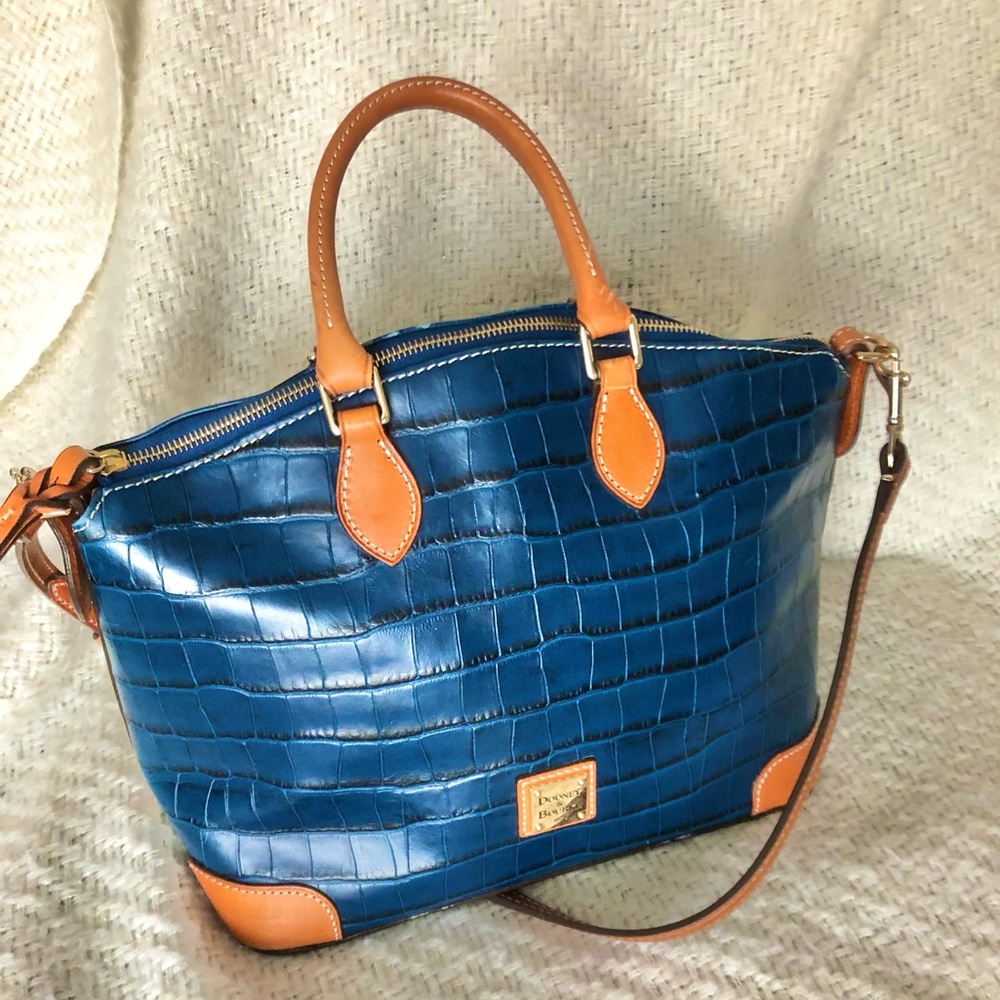 Dooney & Bourke Navy Croc Embossed Satchel with Tan Trim
